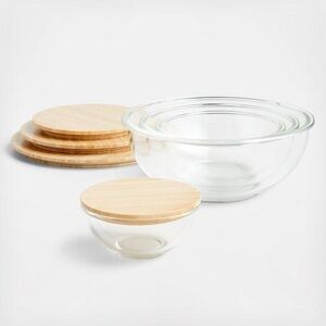 Crate & Barrel 4 Nesting Glass & Bamboo Airtight Mixing Bowl Set